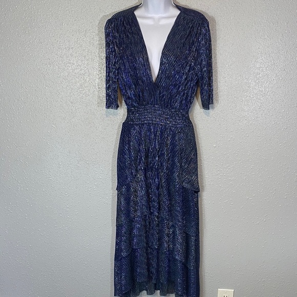 Maje Metallic Blues/Black & Silver Tiered V-Neck Midi Dress - Picture 10 of 10